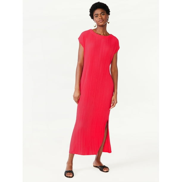 Scoop Women's Crinkle Knit Midi Dress with Short Dolman Sleeves, Sizes ...