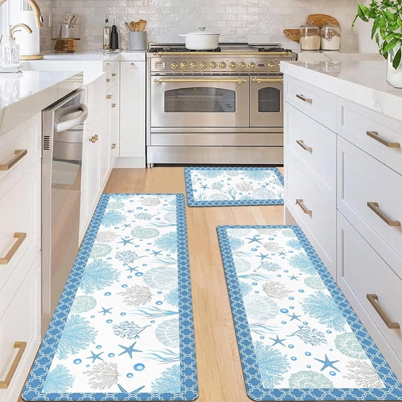 Coastal Beach Kitchen Mat, 3 PCS Inches Anti Fatigue Kitchen Rugs, Non-Slip Cushioned Floor Mats for Kitchen Home Office, Blue,18 * 30 18 * 48 18 * 60 Inches