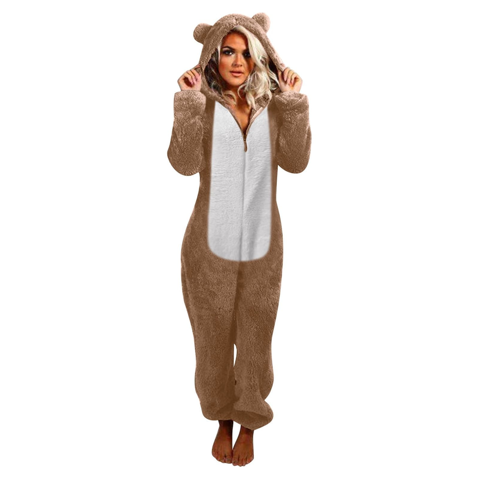 QATAINLAV Sherpa Fleece Jumpsuit for Women Winter Warm Fuzzy Onesie Pajamas Cute Cat Hooded Romper Casual Zip Up Overalls Sleepwear Back Packs Sales for School Khaki 3XL