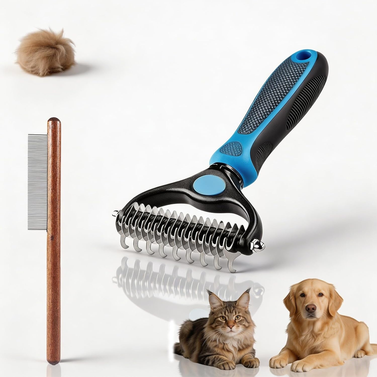 Pet Grooming Rake, Double-Sided Dematting Comb for Dogs and Cats, Undercoat Rake Pet Brush, Pet Pro Grooming Tool, Removes Tangles Knots and Loose Fur, Grooming Tool for Thick Coats
