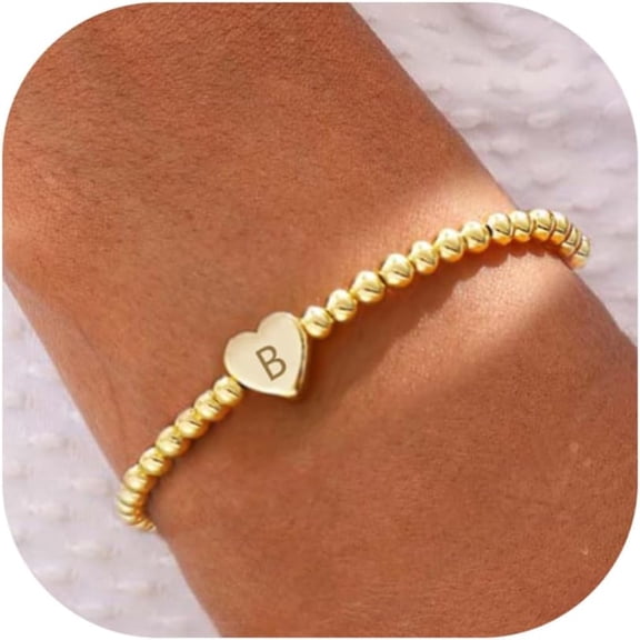 Valentines Day Gifts for Women Her - Dainty Beaded Heart Initial Bracelets Letter A-Z Charm Stretch Bead Ball Bracelet Trendy Jewelry Gifts