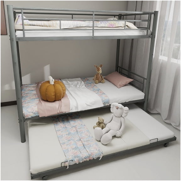 CHAMPFLAG Space Saving Twin Bunk Bed, Convertible Metal Frame with Guardrails, Quiet & Sturdy, Silver Finish, No Box Spring
