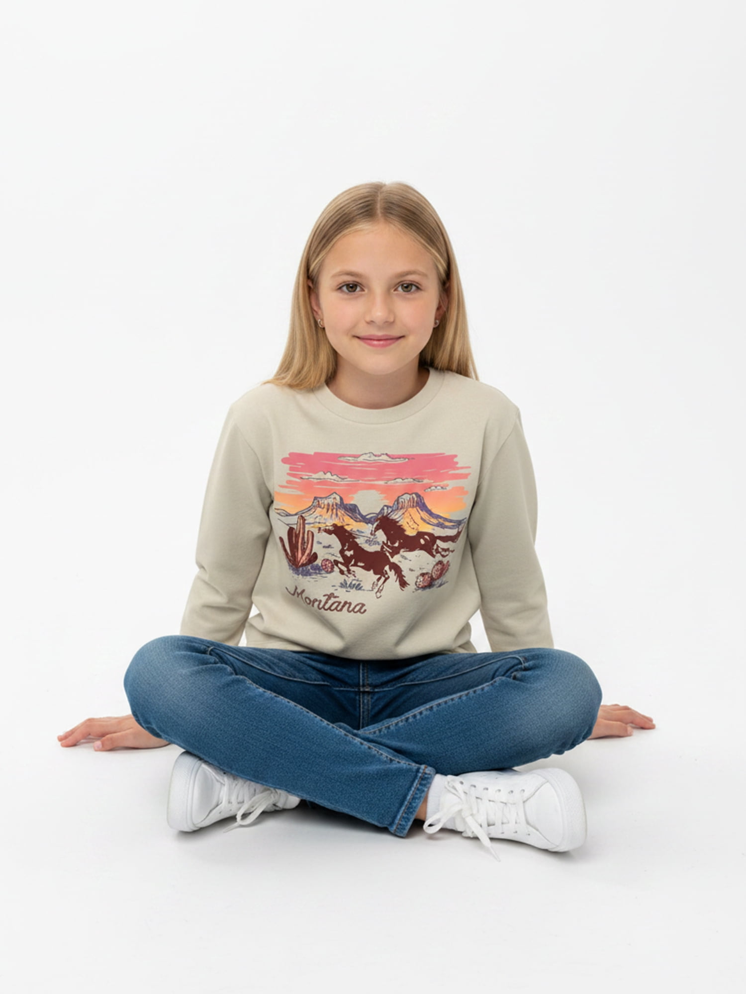 Wonder Nation Girls Graphic Sunset Horses Tee with Long Sleeves, Sizes 4–18
