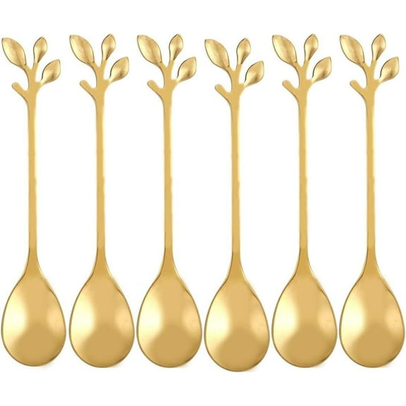 10pcs Stainless Steel Gold Leaf Coffee Spoon Creative Tableware Dessert Spoons,Tea Sugar Spoons Spoon Set for Ice Cream or Cake, Tea Spoon Set (Gold, 10)