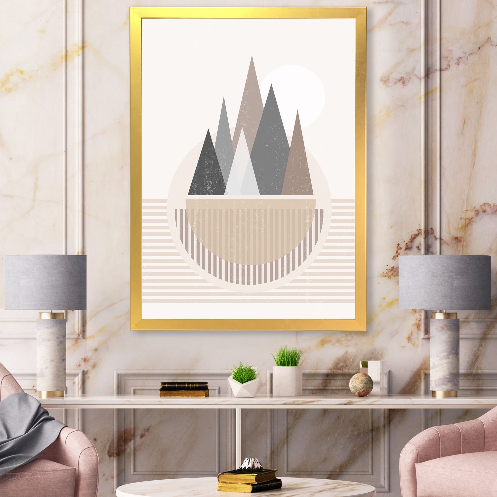 Designart 'Abstract Moon and Sun In Mountains III' Modern Framed Art Print