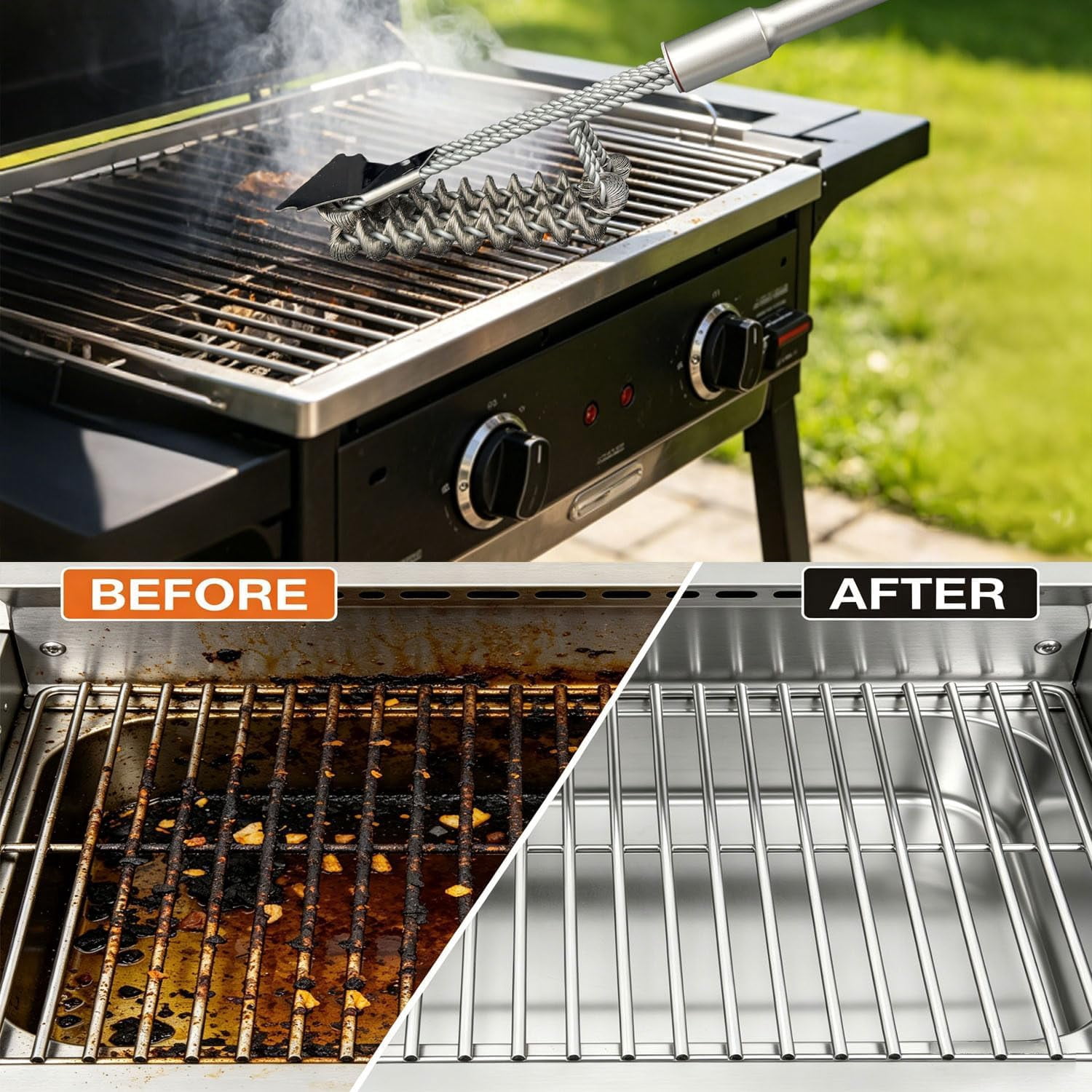 SWAZVAC 3-in-1 Bristle-Free Stainless Steel BBQ Grill Cleaner with Scraper, Detachable Aluminum Handle & Lockable S-Hook