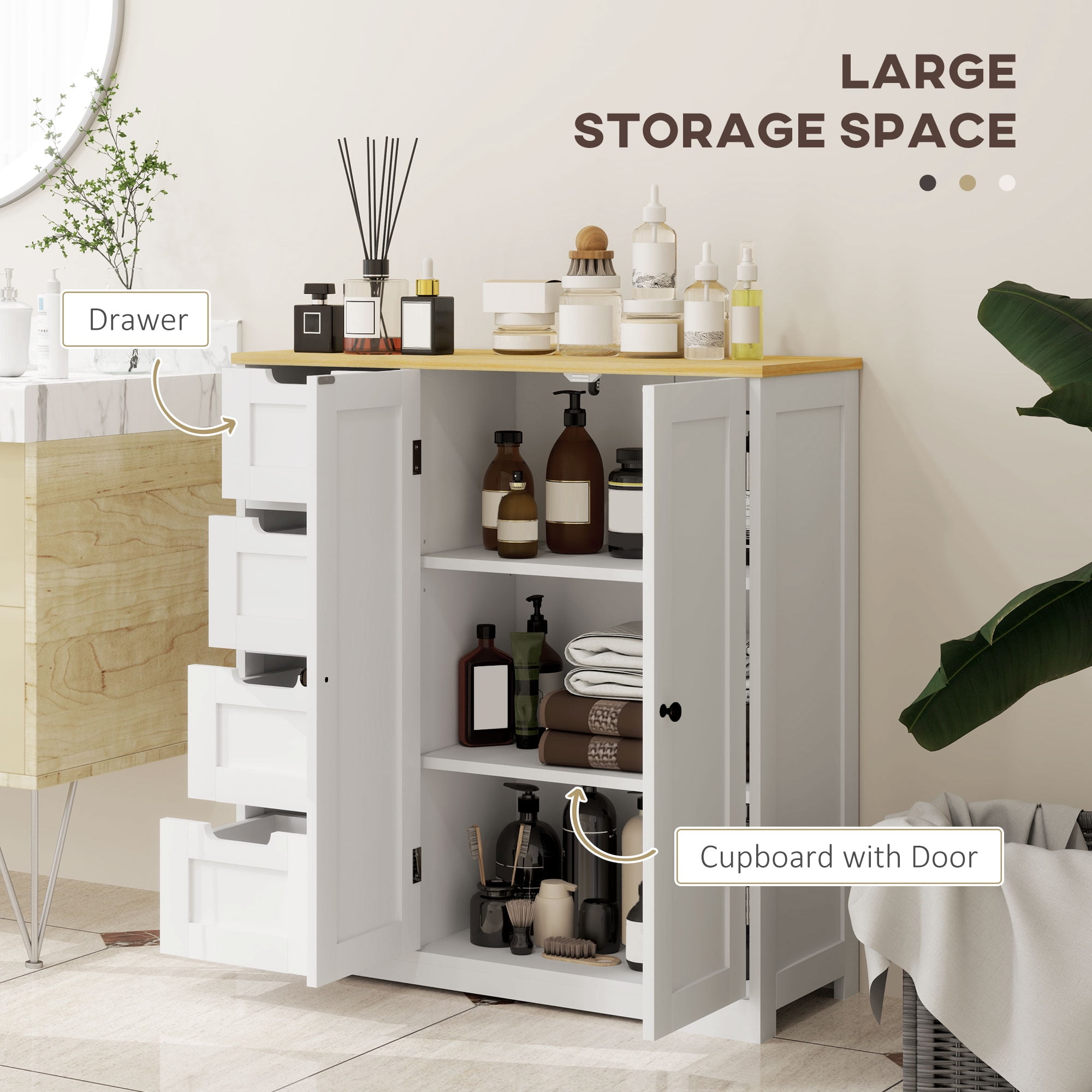 HOMCOM Bathroom Floor Cabinet with Adjustable Shelf, Freestanding Bathroom Storage Cabinet with 4 Drawers and 2 Doors, White