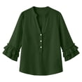 thumbnail image 5 of ClodeEU Women's V Neck 3/4 Sleeve Linen Blend Henley Button Blouse with Ruffle Cuffs ,Casual Loose Fit Vintage Top Green,Women's Plus XXL, 5 of 7