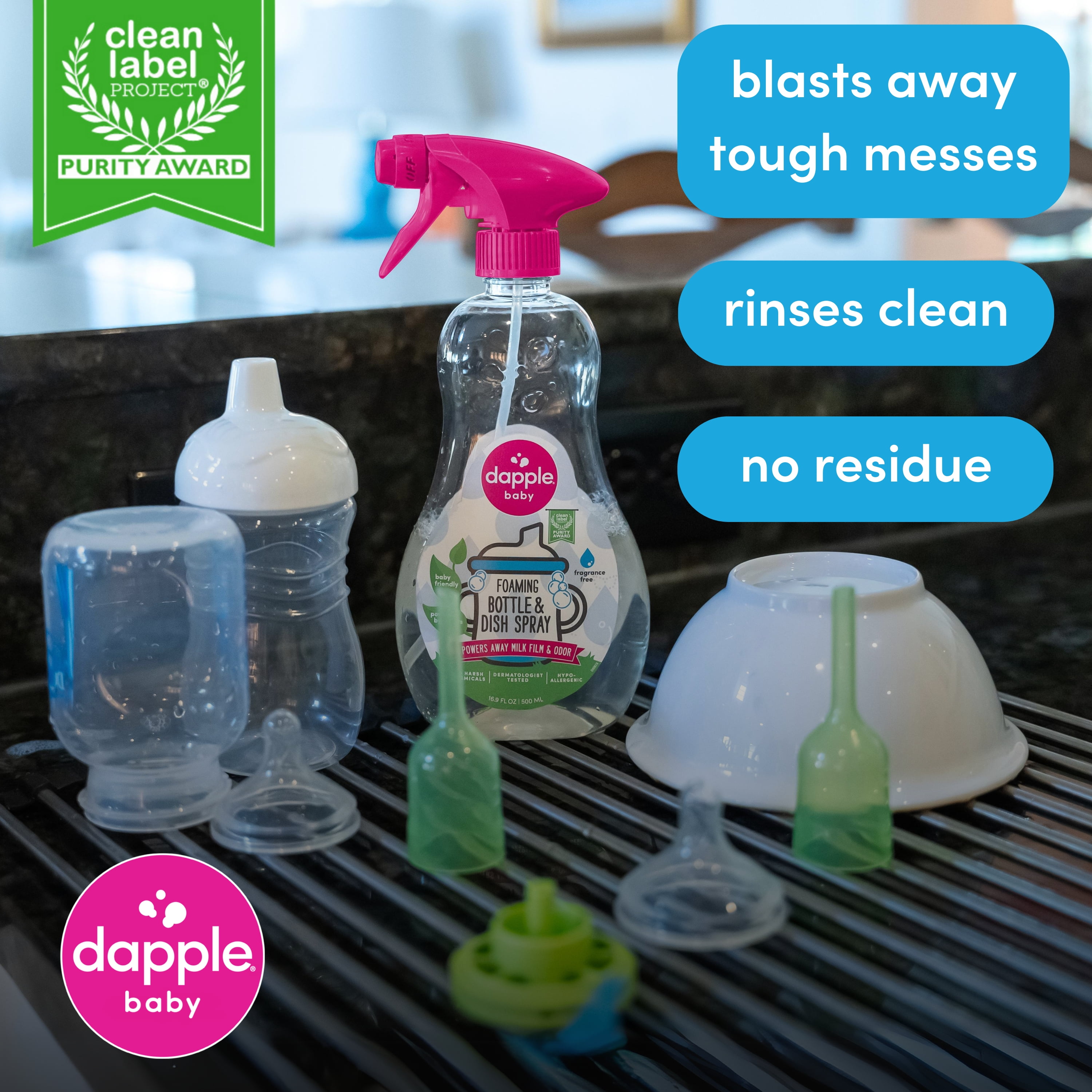 Dapple Baby Foaming Bottle and Dish Spray, Fragrance-Free, 16.9 fl oz
