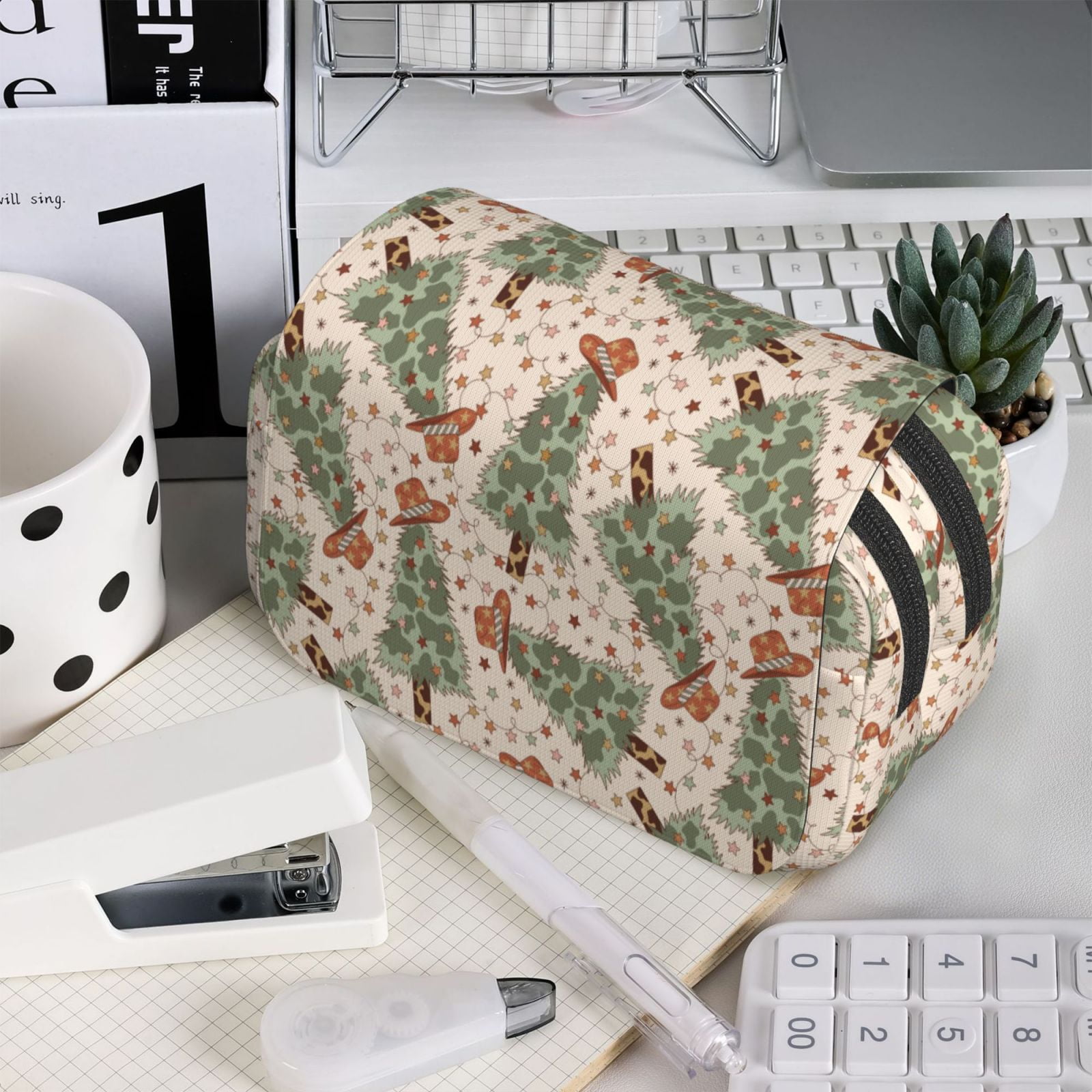 Rateoe Cowboy Christmas Trees Pattern Double Clamshell Pen Case, Storage Organizer with Two Zipper Compartments– Holds Up to 50 Pencils & Pens