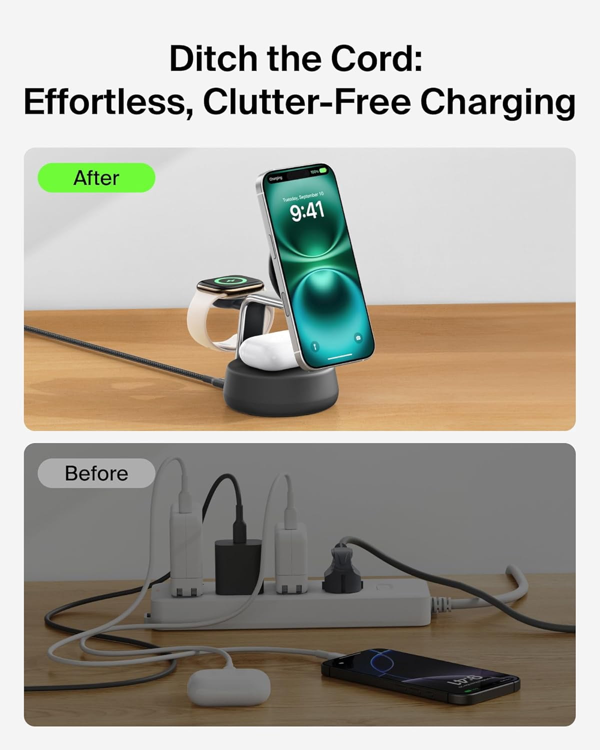 Belkin MagSafe Charger Compatible, 3-in-1 Qi2 Wireless Charging Dock 25W, Adjustable Wireless Charger for iPhone 17, Apple Watch, AirPods, Desktop Phone Stand w/ 45W Adapter - Charcoal