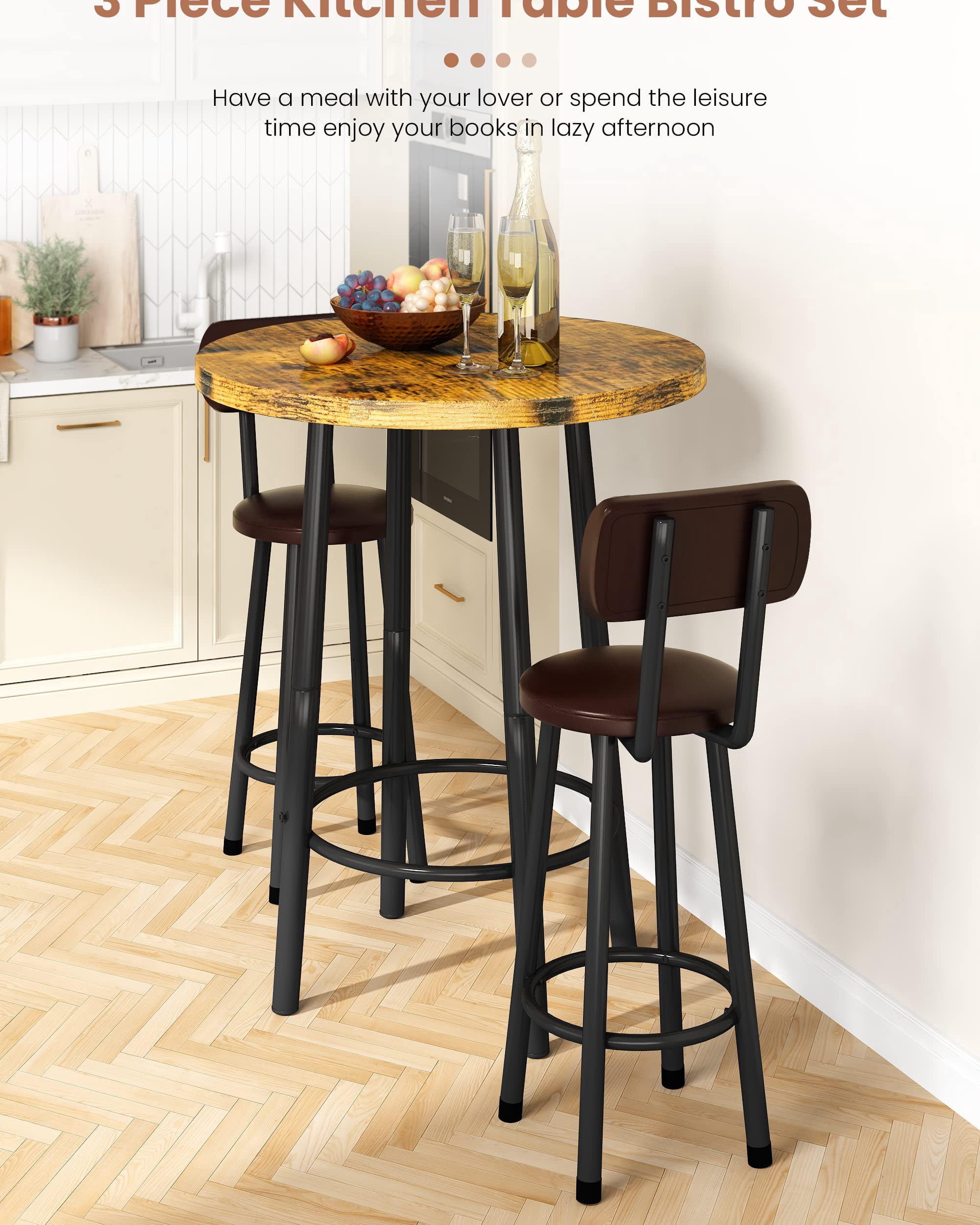 MOOSENG Bar Table Set of 2, Bistro Kitchen Table Sets with 2 PU Leather Bar Stools, Wood Pub Bar Table Set for Breakfast Nook Small Space Restaurant, Round Table