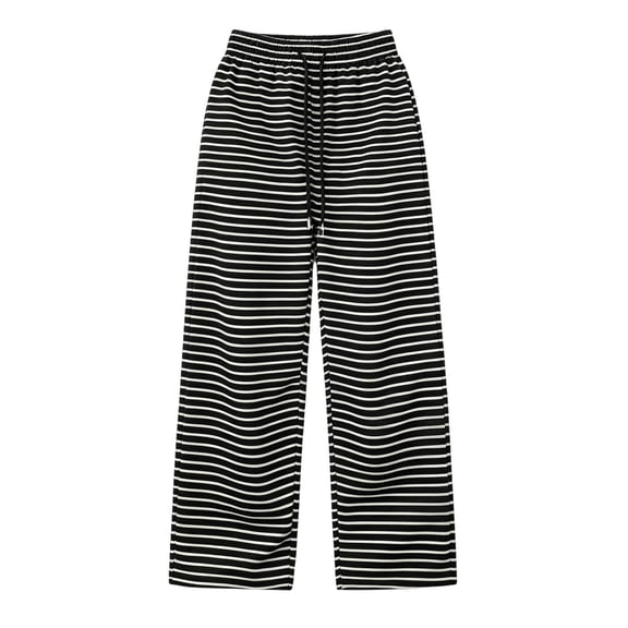 Womens Striped Wide Leg Pants High Waist Drawstring Casual Vacation Lounge Trousers Black Free Size