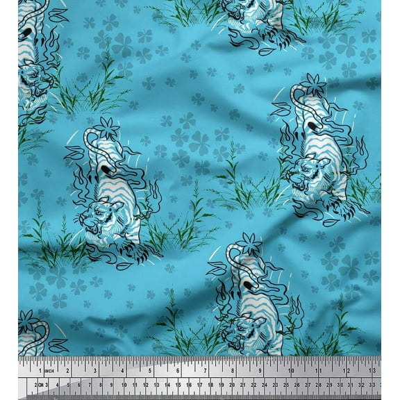 Soimoi Cotton Duck Fabric Clover Grass & Lion Animal Fabric Prints By Yard 42 Inch Wide