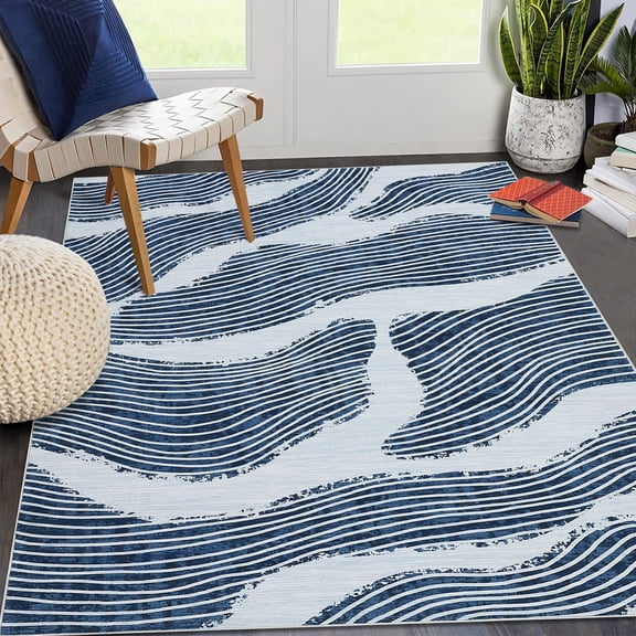 Modern Washable Area Rug 9x12 Large Living Room Rug Non-Shedding Soft Dining Room Rug Ultra-Thin Geometric Wave Striped Accent Carpet for Bedroom High-Traffic Areas, Blue