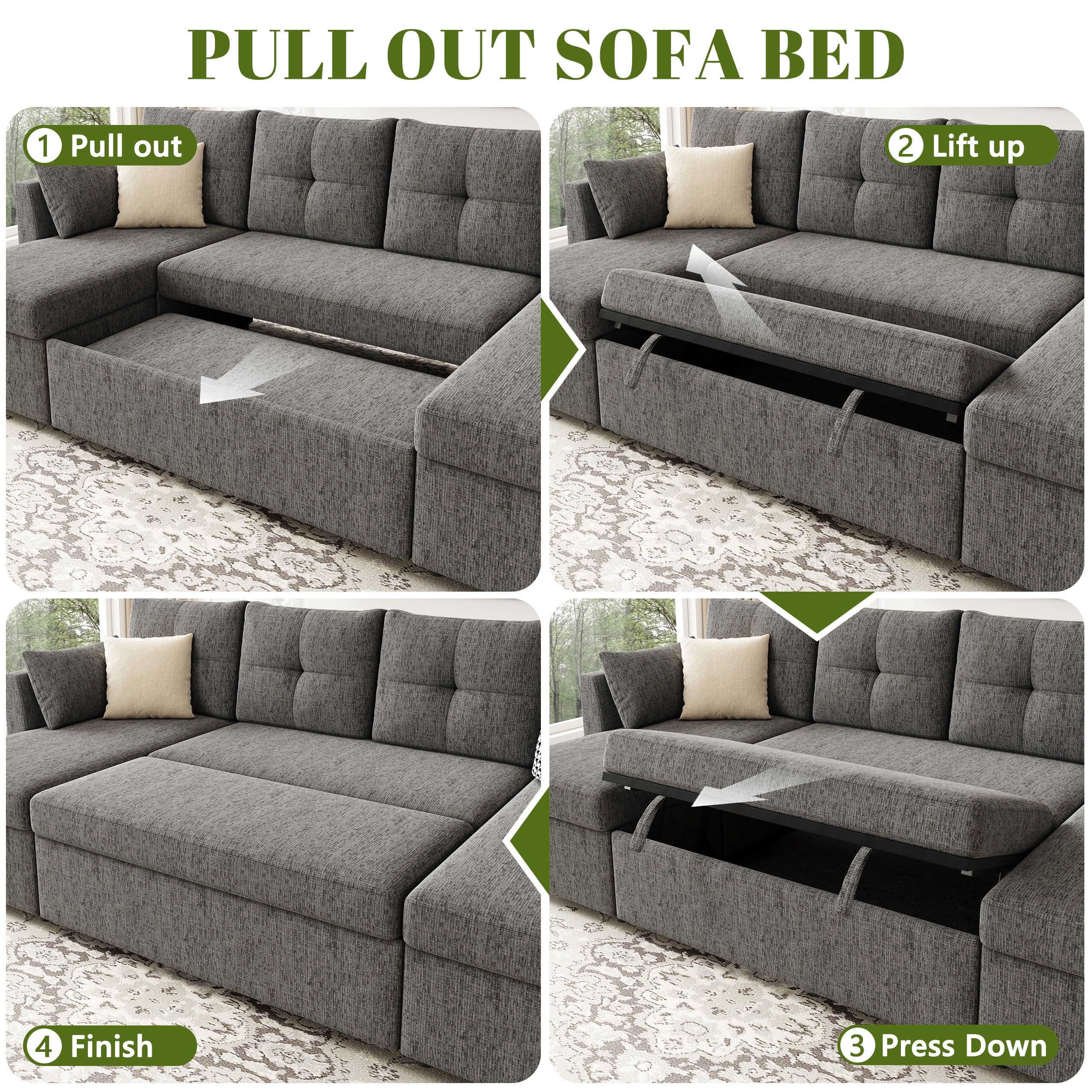 Mangodan 110 inch Sectional Oversized Sleeper Sofa with Side Pocket , Pullout Couch Bed with Double Storage Chaise, Dark Grey