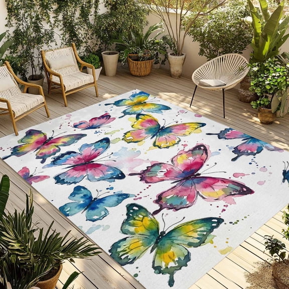 Colorful Butterfly Outdoor Rug for Patio/Deck/Porch, Non-Slip Large Area Rug 6 x 9 Ft, Elegant Pastoral Butterflies Watercolor Indoor Outdoor Rugs Washable Area Rugs, Camping Rug Carpet Runner