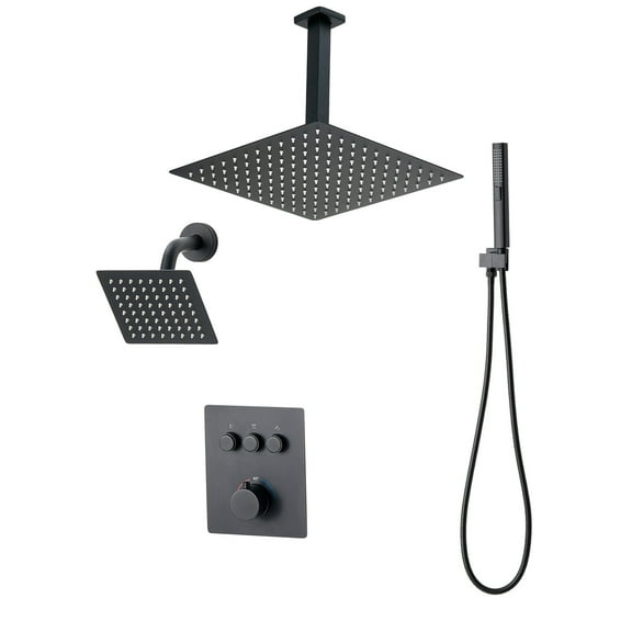 KFFKFF 12-Inch Thermostatic Ceiling Rain Shower System with Wall-Mounted Head and 2-in-1 Handheld Spray, 3-Function Dual Rain Head with Brass Valve and Trim Kit, Matte Black