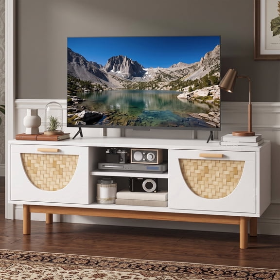 Mid Century Modern TV Stand with 2 Drawers and Bamboo Woven Fronts, Entertainment Center for Living Room, Brown, White