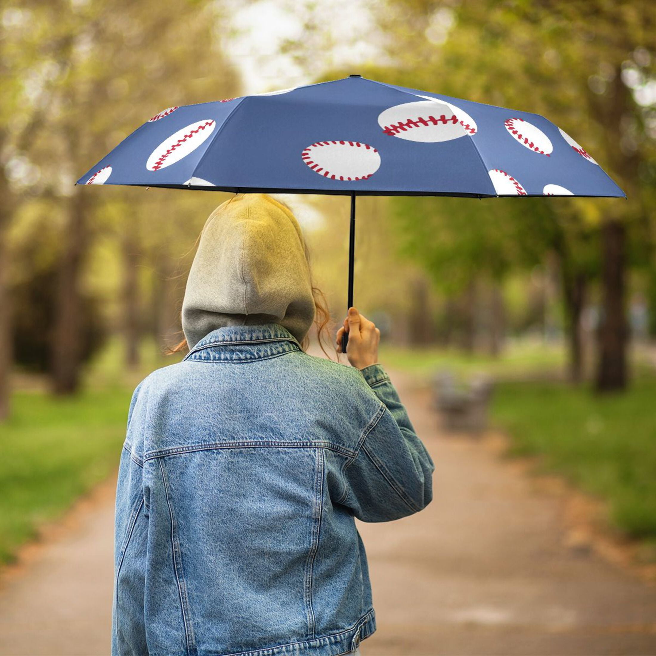 ALAZA Baseball Pattern UPF 50+ Compact Folding Umbrella for Rain Travel Umbrella Packable
