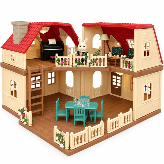 OLEOCA Family Grand Doll House — Light-Up 2-Story Cozy Cabin with Furniture & Bunny Figure, Complete Dollhouse Playset for Creative Pretend Play, Gift for Kids Ages 3