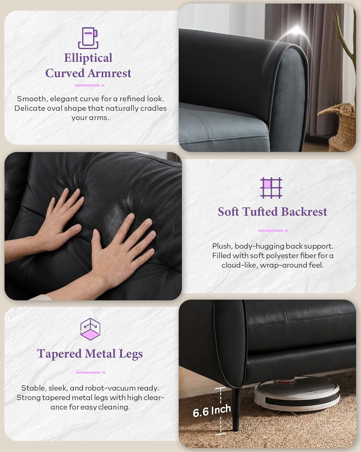 LAZZO 61" Faux Leather Loveseat, Mid Century Modern Tufted 2-Seat Sofa for Small Spaces, Black
