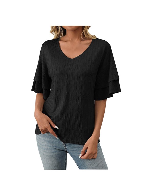 Womens Tops Ruffle Short Sleeve Crewneck Shirts Solid Casual Loose Babydoll Blouses