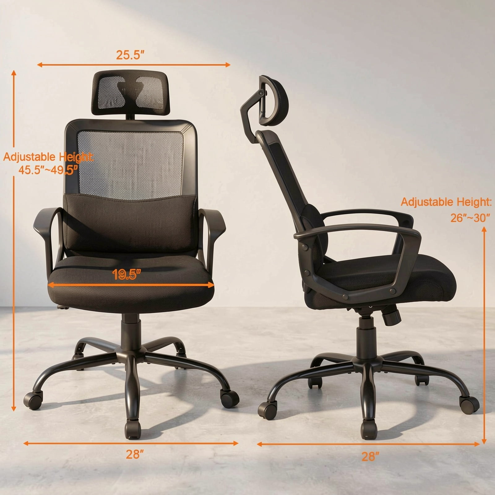 Furnibear Mesh Office Chair High Back Ergonomic Swivel Desk Chair with Adjustable Headrest Lumbar Support Computer Chair for Home Office, Black
