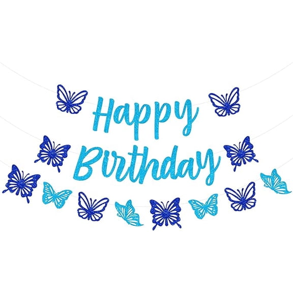 Blue Butterfly Birthday Decorations, Spring Fairy Butterfly Happy Birthday Banner Sign for Girls Women Bday Decor, Butterfly Wishes Garden Theme Party Hanging Decorations Supplies
