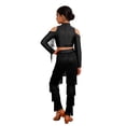 thumbnail image 2 of TiaoBug Kids Girls Latin Dance Outfit 2 Piece Cold Shoulder Long Sleeve Tassels Crop Top with Fringe Pants Set Black 8, 2 of 5