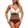 thumbnail image 2 of Minjewel Women's Color Block Cross-Back One-Piece Bathing Suit with Ruched Tummy Control, Slimming Athletic Swimwear for Women,Coffee,M, 2 of 6