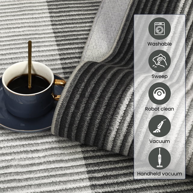 5x7 Abstract Area Rug – Washable Low-Pile Modern Rug, Non-Slip, Non-Shedding Soft Carpet, Minimalist Bordered Foldable Design for Living Room, Bedroom, Dining Room – Black + Gray