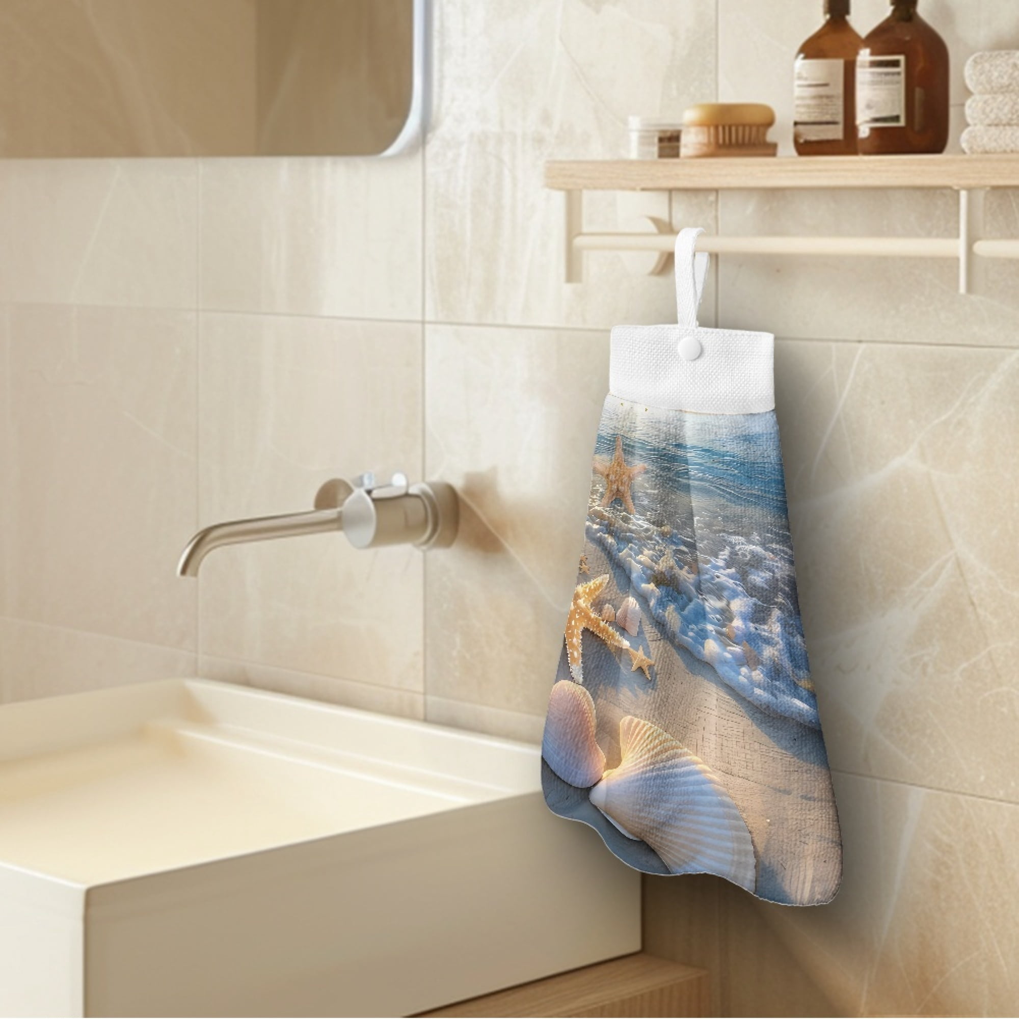 SEANATIVE Starfish Hand Towels for Bathroom Decorative Set of 3 Shell Fast Drying Hand Towels with Hanging Loops Kitchen Tie Towels Lightweight Fingertip Towel Home Decoration