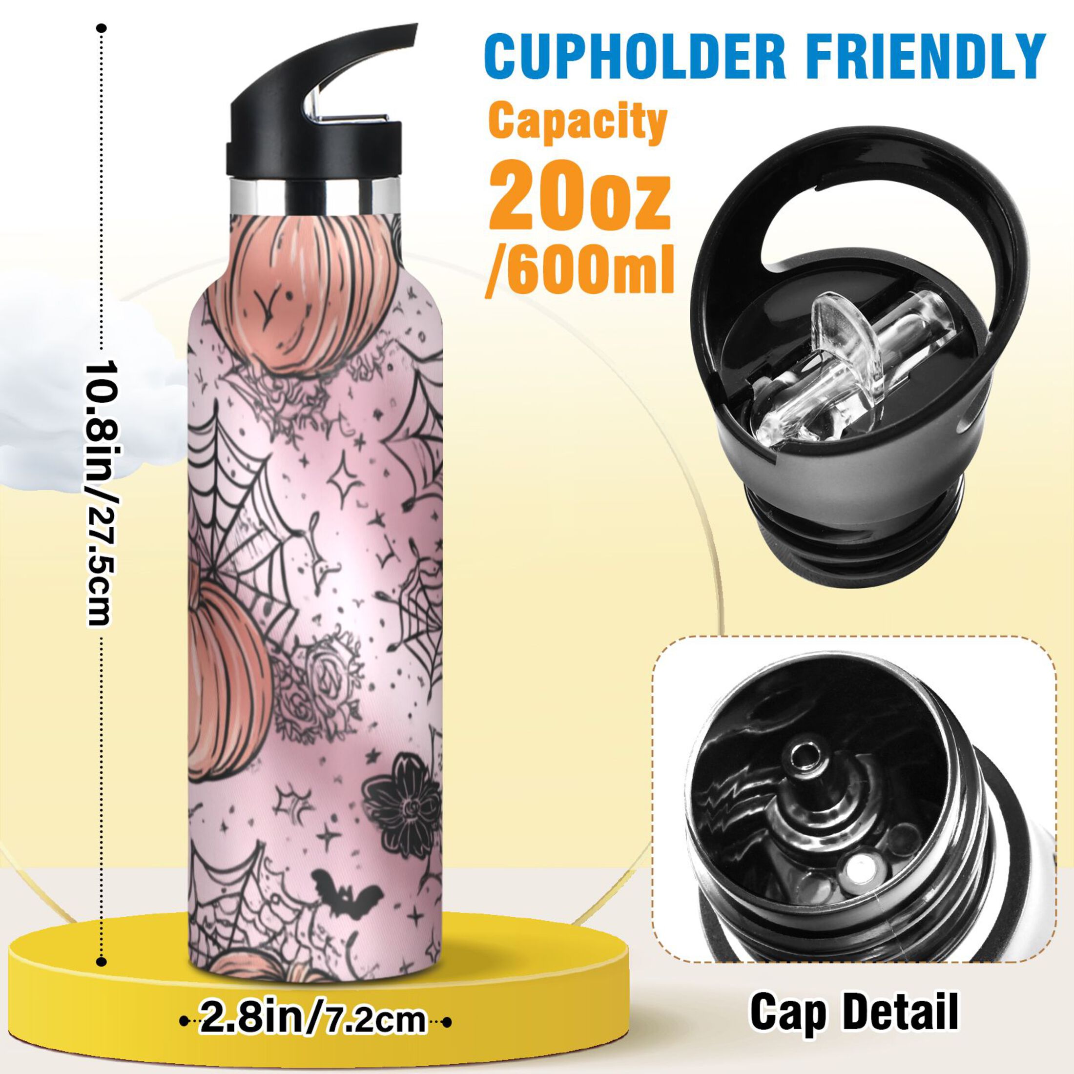 Kids Insulated Stainless Steel Sports Water Bottle 600ml (20oz) Black Flowers and Spider Web