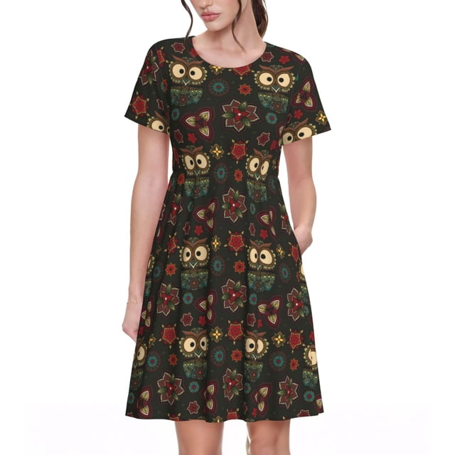 Easygdp Boho Owl para Vestido Transpirable de Mujer, Vestido Suelto de Manga Corta con Pliegues y Bolsillos para el Verano