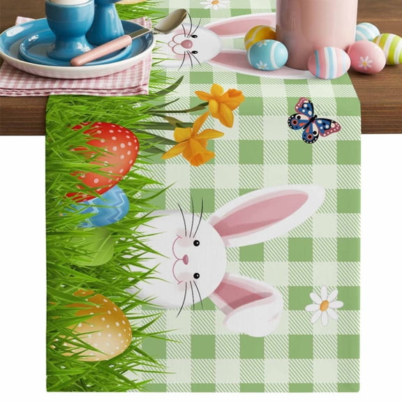 Easter Rabbits Table Runner, Spring Floral Plant Red Blue Yellow Eggs Butterfly Green Plaid Cotton Linen Kitchen Table Decoration Washable Dining Tabletop Runners for Home Party Decor 13x36 Inches