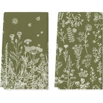 Green Antique Herbs Wild Flowers Leaves Spring Kitchen Towels Dish Towels, 18x26 Inch Seasonal Decoration Hand Towels Set of 2