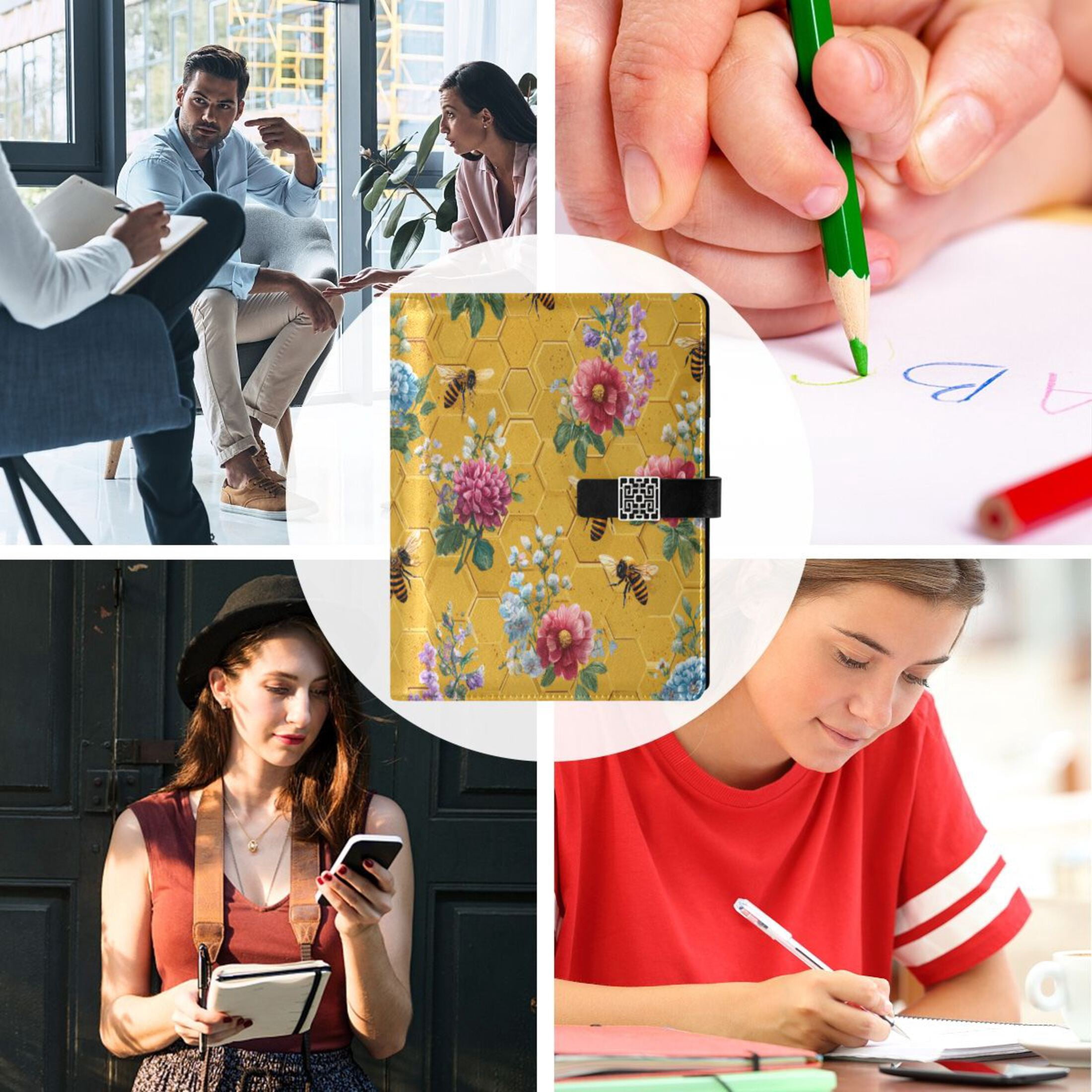 Leather Planner Leather Notebook Notebook Journal Binder Design Pen Pocket Design Convenient for Storage Honeycomb Bee Watercolor Floral