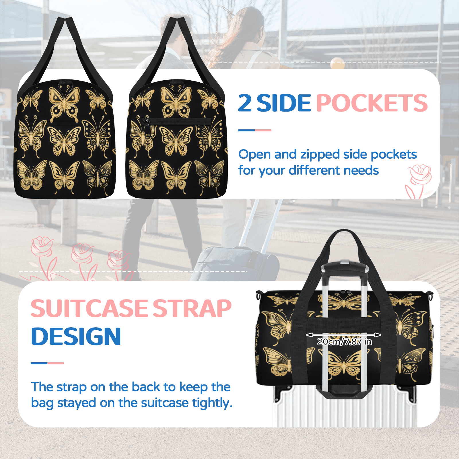 Herdesigns Gold Butterfly Travel Duffle Bag Sports Yoga Weekender Overnight Carry on Workout Bags Lightweight Waterproof Gym Tote Bag for Women