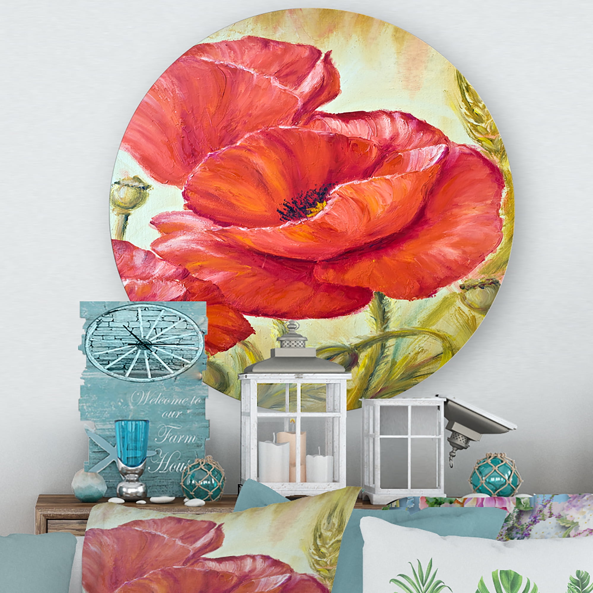Designart 'Blossoming Red Poppies In Wheat Fields I' Traditional Circle Metal Wall Art 11x11 - Disc of 11