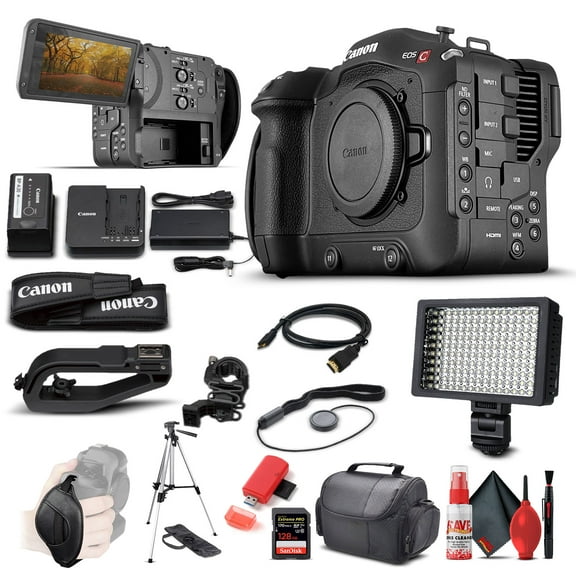 Canon EOS C70 Cinema Camera (RF Lens Mount) (4507C002), 128GB Extreme Pro SD Card, Tripod, HDMI Cable, Case, LED Light, Card Reader, Cleaning Set, Cap Keeper, Hand Strap (International Version)