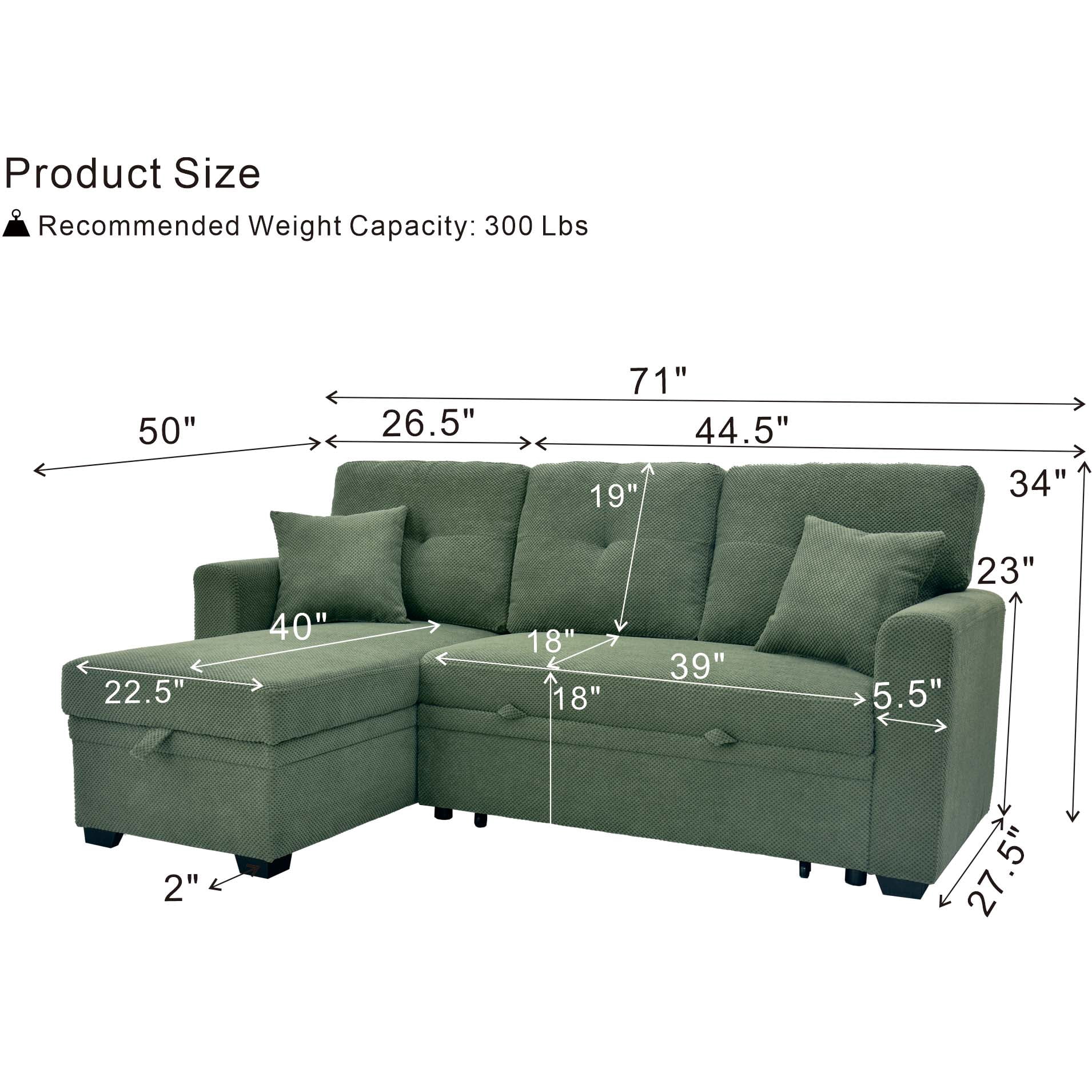 BSHTI 71"Foil Fabric L-Shaped Pull-Out Sleeper Sofa Bed with Reversible Chaise, Hidden Storage for Living Room（Dark Gray）