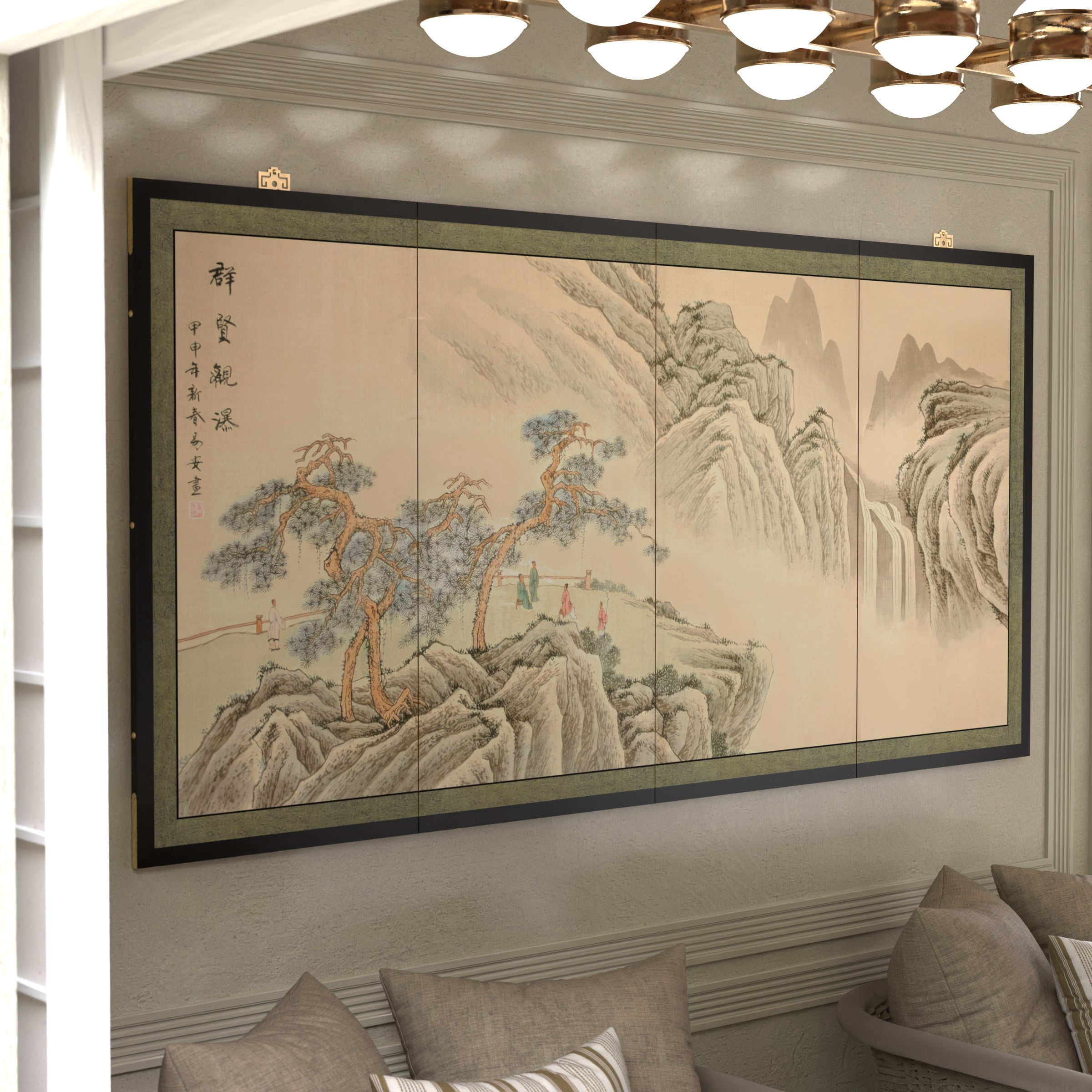 6ft. Long Handpainted Chinese Silk Wall Art Screen - Mountain Landscape