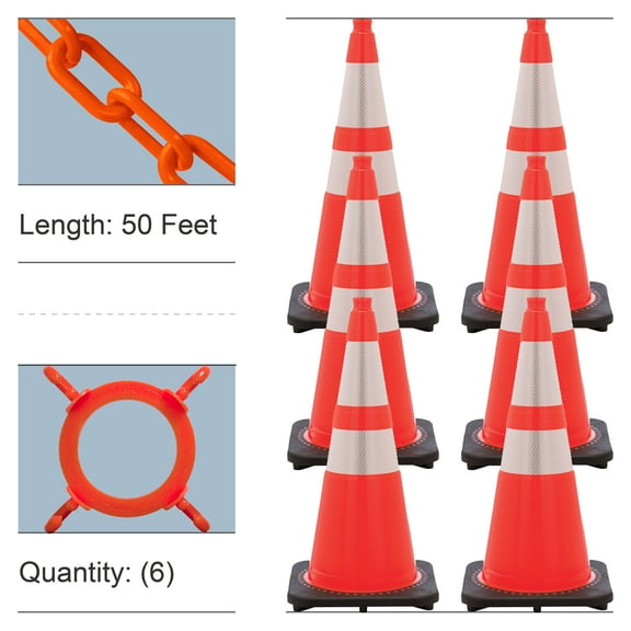 28 Inch Traffic Orange Reflective Traffic Cone and Chain Kit (6 Pk)