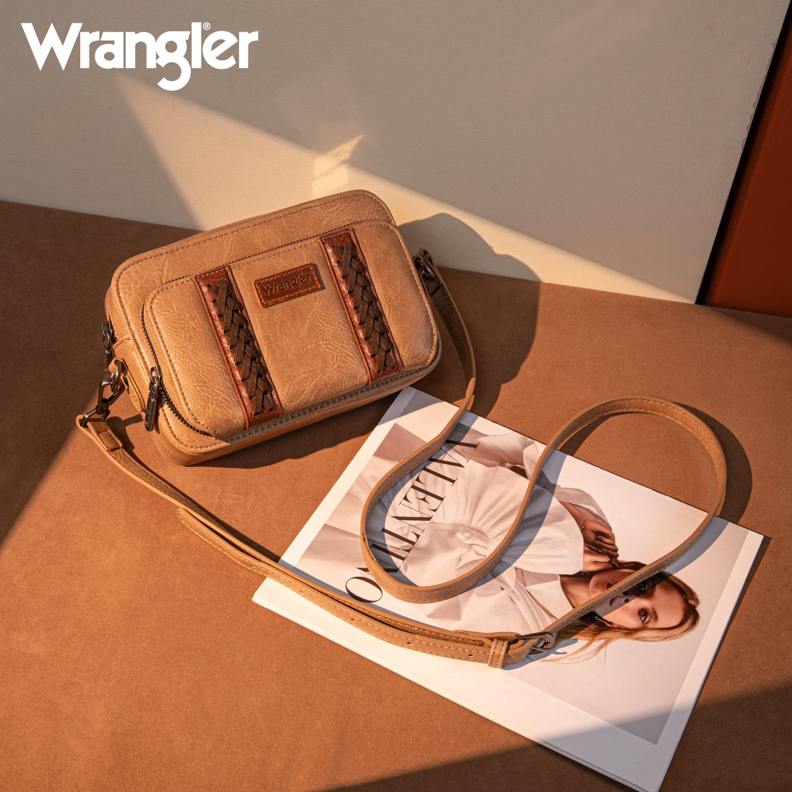 Wrangler Crossbody Bag for Women Vegan Leather Western Shoulder Purse Small Multi Pocket Crossbody Wallet Purse Crossover Bags with Adjustable Strap, Khaki