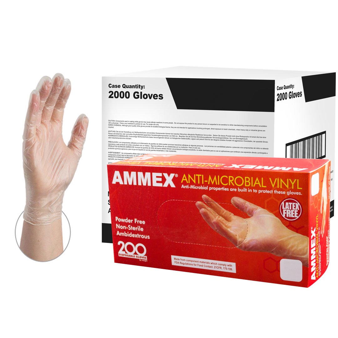 AMMEX Anti-Microbial Vinyl Latex-Free Industrial Gloves, X-Large, Clear, 2000/Case