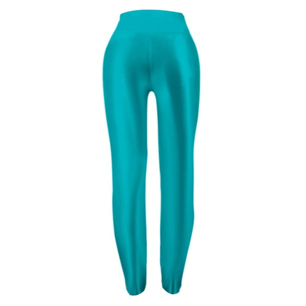 Sexy Dance Ladies Long Pant High Waist Leggings Shiny Pants Stretch Bottoms  Solid Color Trousers Light Blue L