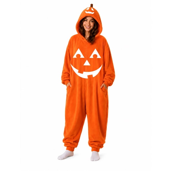 Classic Jack O Lantern Graphic Suit, Matching Pumpkin Plush Onesie Jumpsuit, Full Body Coral Fleece Halloween Couple Costume With 3D Stem Hood, Classic Jack O Lantern Face Graphic Loungewear, White M
