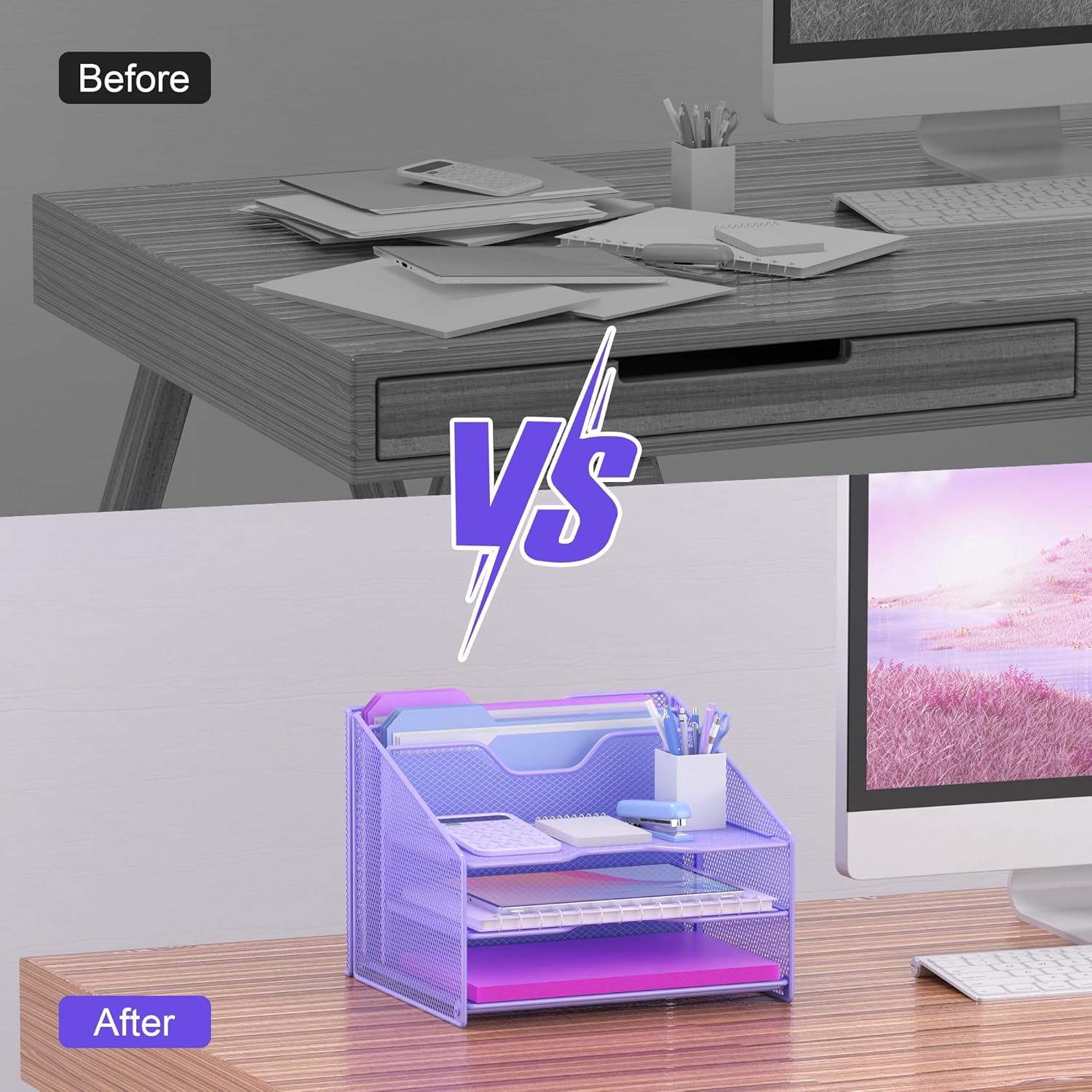 Purple Desk File Organizer, Mesh Letter File Folder Holder with 3 Paper Trays and 2 Vertical Upright Section, for Office Supplies, Desk Accessories & Workspace, Purple