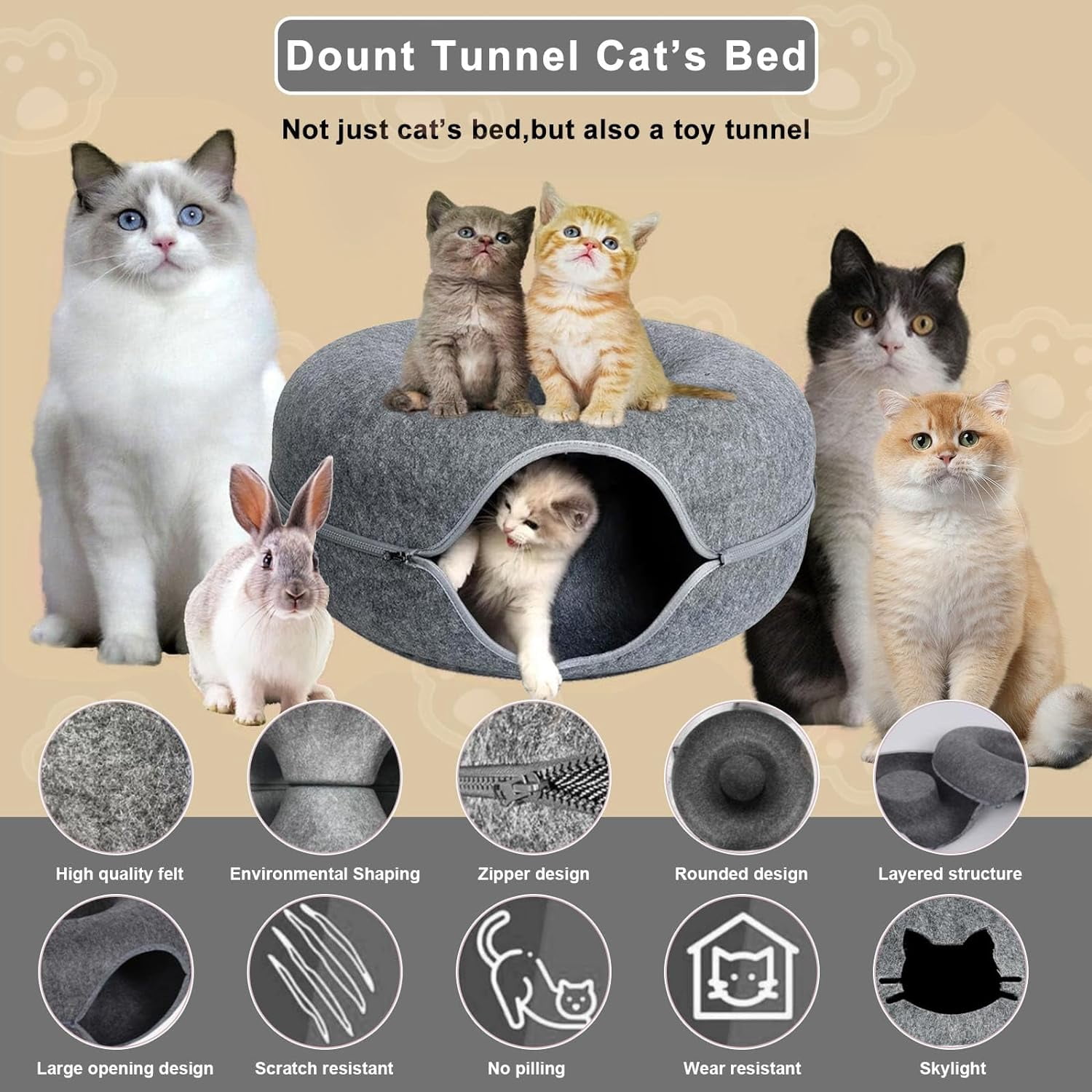 20in Cat Tunnel Bed, Scratch-resistant Donut Cat Bed, Can Accommodate Medium, Small and Large Cats, Detachable and Washable（Light grey）